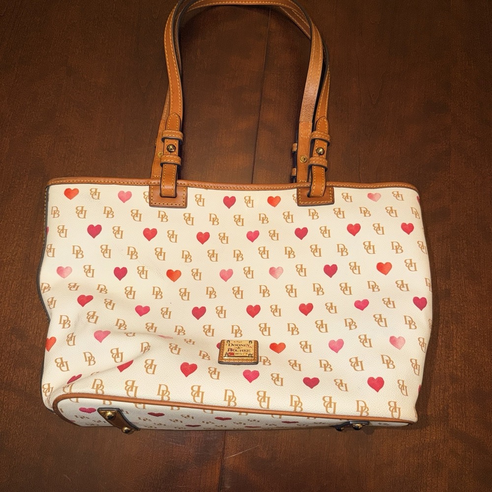 Dooney & Bourke Gretta White Leather Hearts Printed Double Handle Tote Bag